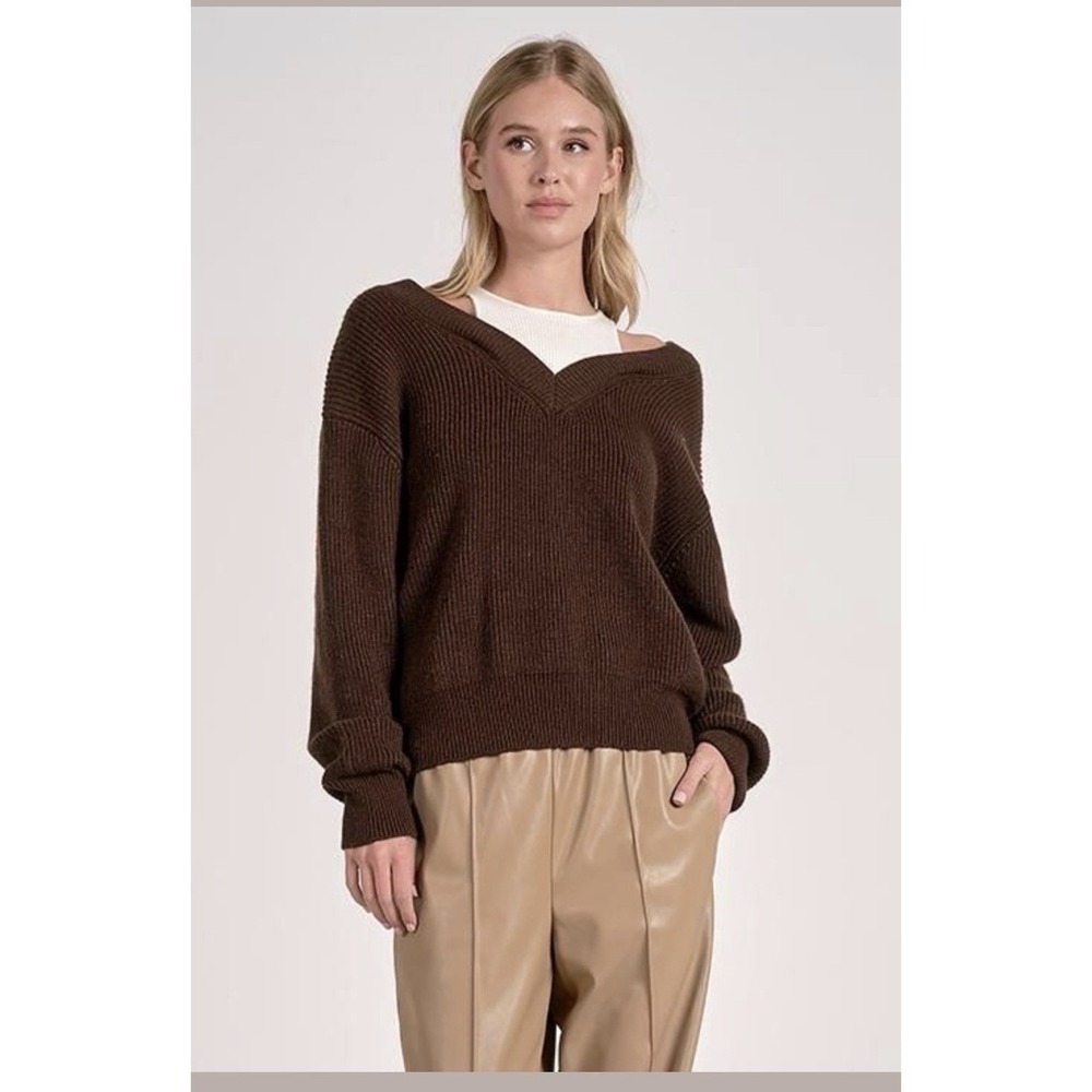Elan Designer Chocolate Ladies Sweater Built In White SweateTank Top V Neck Sz L